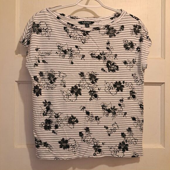 Lauren Ralph Lauren Floral Top WOMENS SIZE PM PETITE MEDIUM striped lightweight - Picture 1 of 4